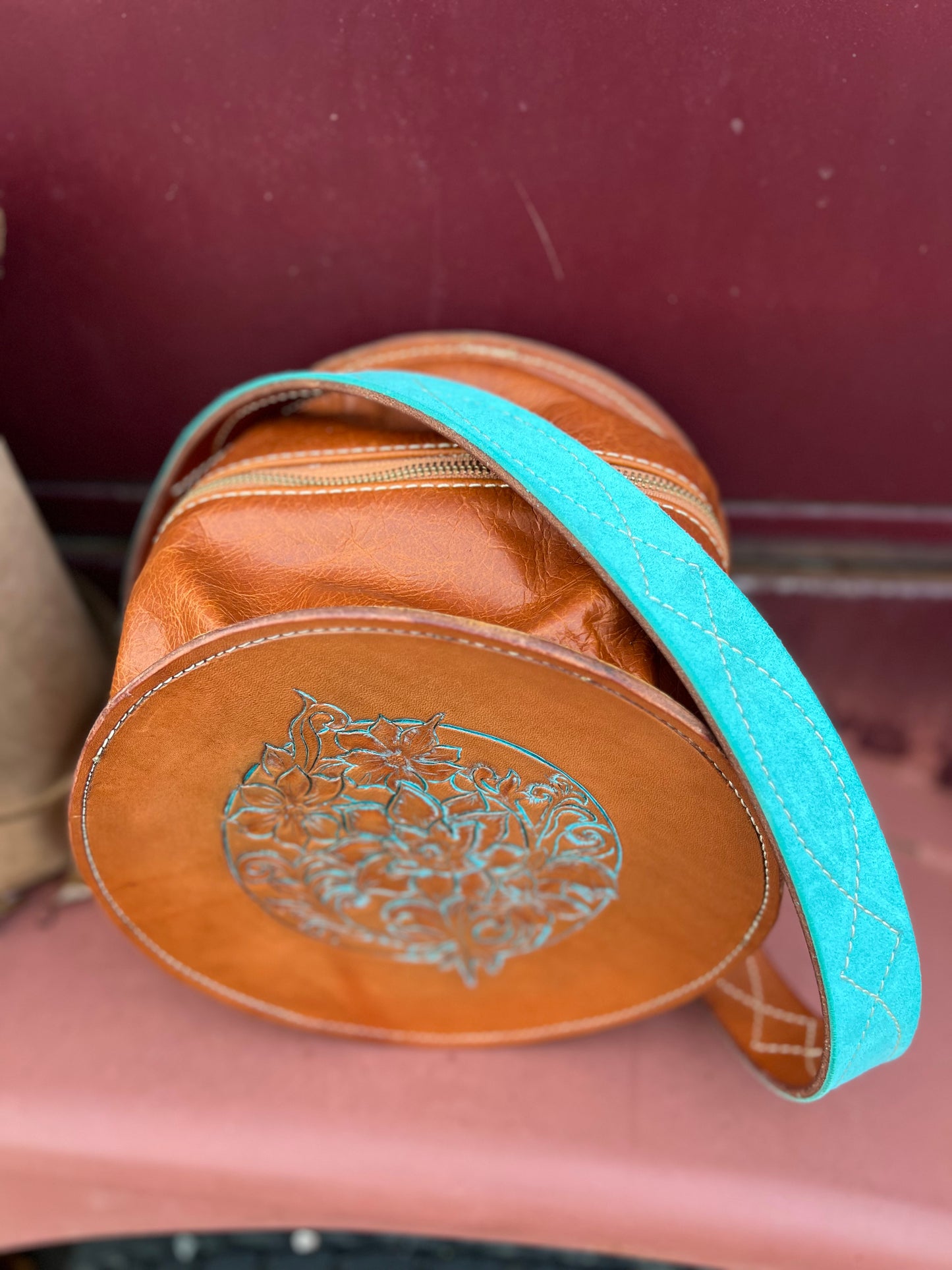 10” Handmade Leather Roper Bag – Turquoise Tooled Edition