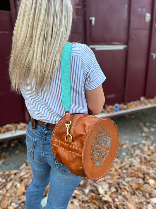 10” Handmade Leather Roper Bag – Turquoise Tooled Edition
