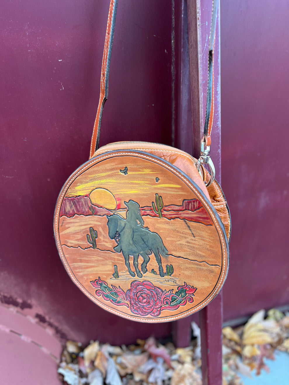 12” Handmade Leather Round Roper Bag – Desert Scene – Rust Ridge Ranch