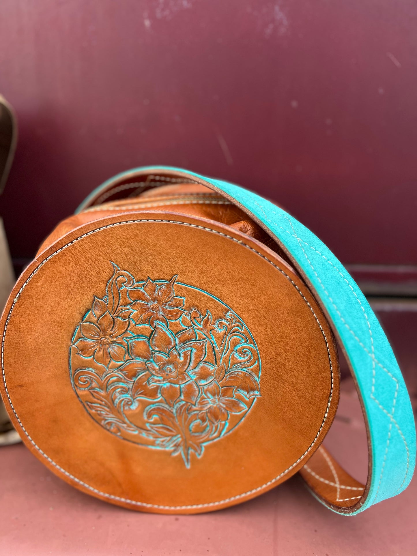 10” Handmade Leather Roper Bag – Turquoise Tooled Edition